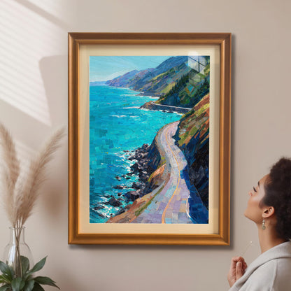 A woman looking at a large, Orange-toned wood framed coastal painting with a cream mat board, hanging on a neutral-colored wall in a bright room.