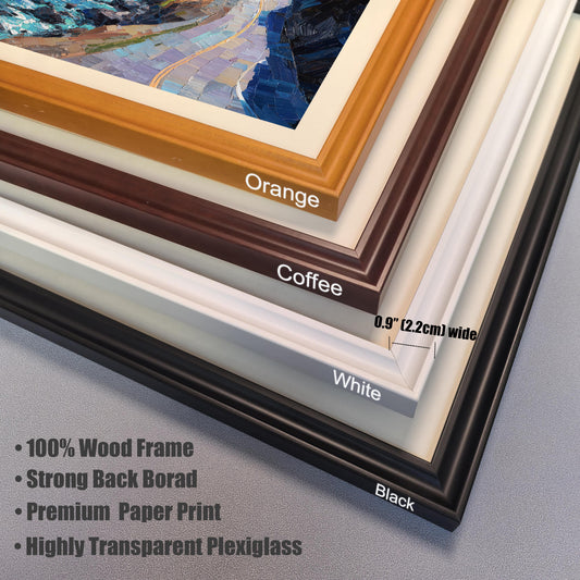 Close-up detail of four stacked wood frame corner samples in Orange, Coffee, White, and Black, highlighting the 0.9-inch frame width and plexiglass material.