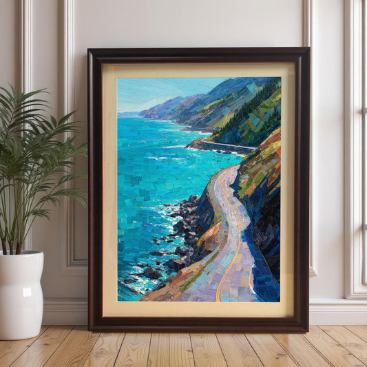 Large Coffee Brown wood framed coastal wall art with a cream-colored mat board, leaning against a white paneled wall next to a potted plant on a light wood floor.