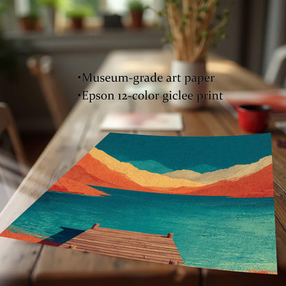 Close-up of a high-quality unframed art print on a wooden table, featuring text: "Museum-grade art paper" and "Epson 12-color giclee print."