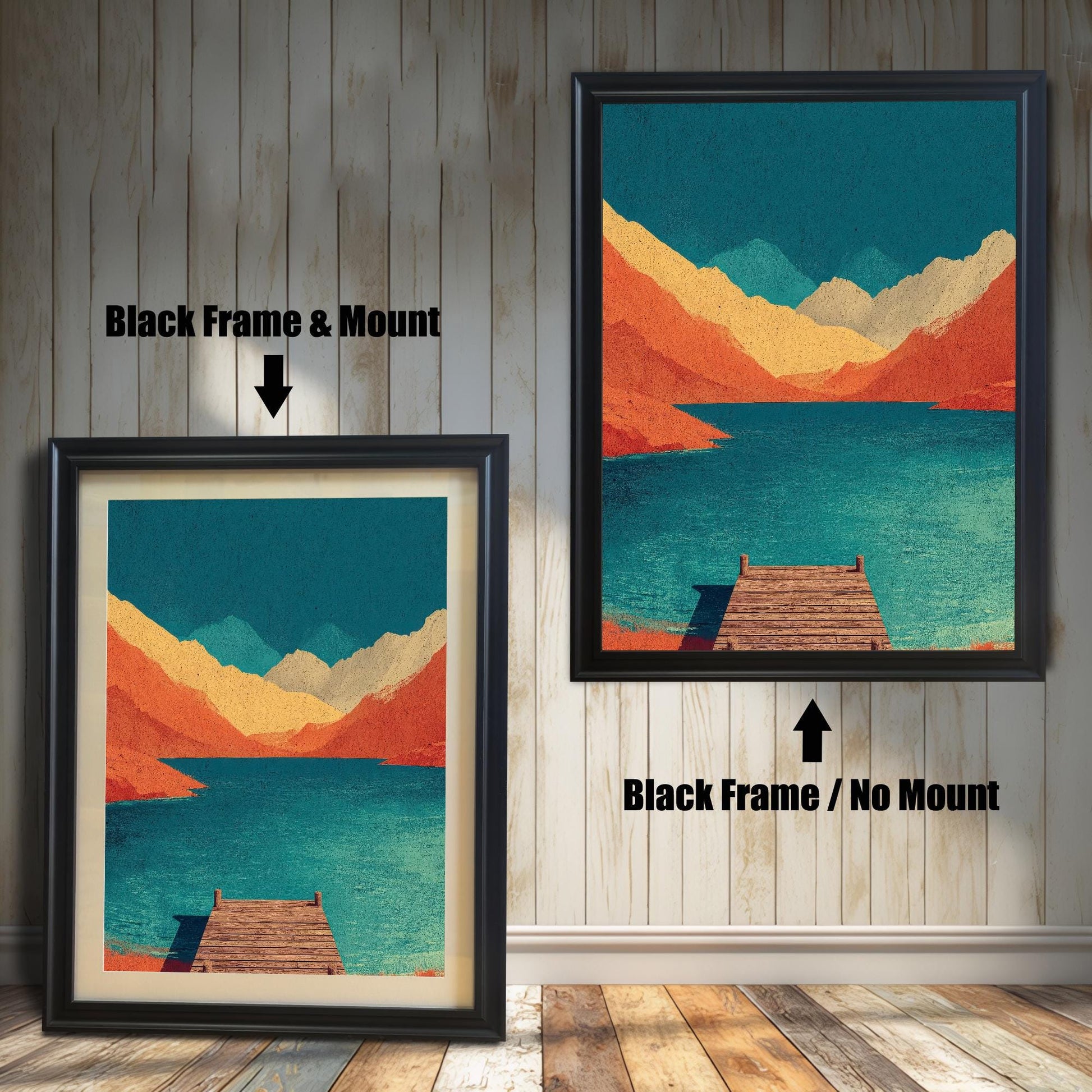 Comparison of a black framed art print with an off-white mat (mount) versus a black frame without a mat, displayed against a rustic wood wall.
