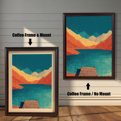 Comparison of a "Coffee" dark brown wood frame with an off-white mat versus a dark brown frame without a mat, displayed against a white horizontal slat wall.