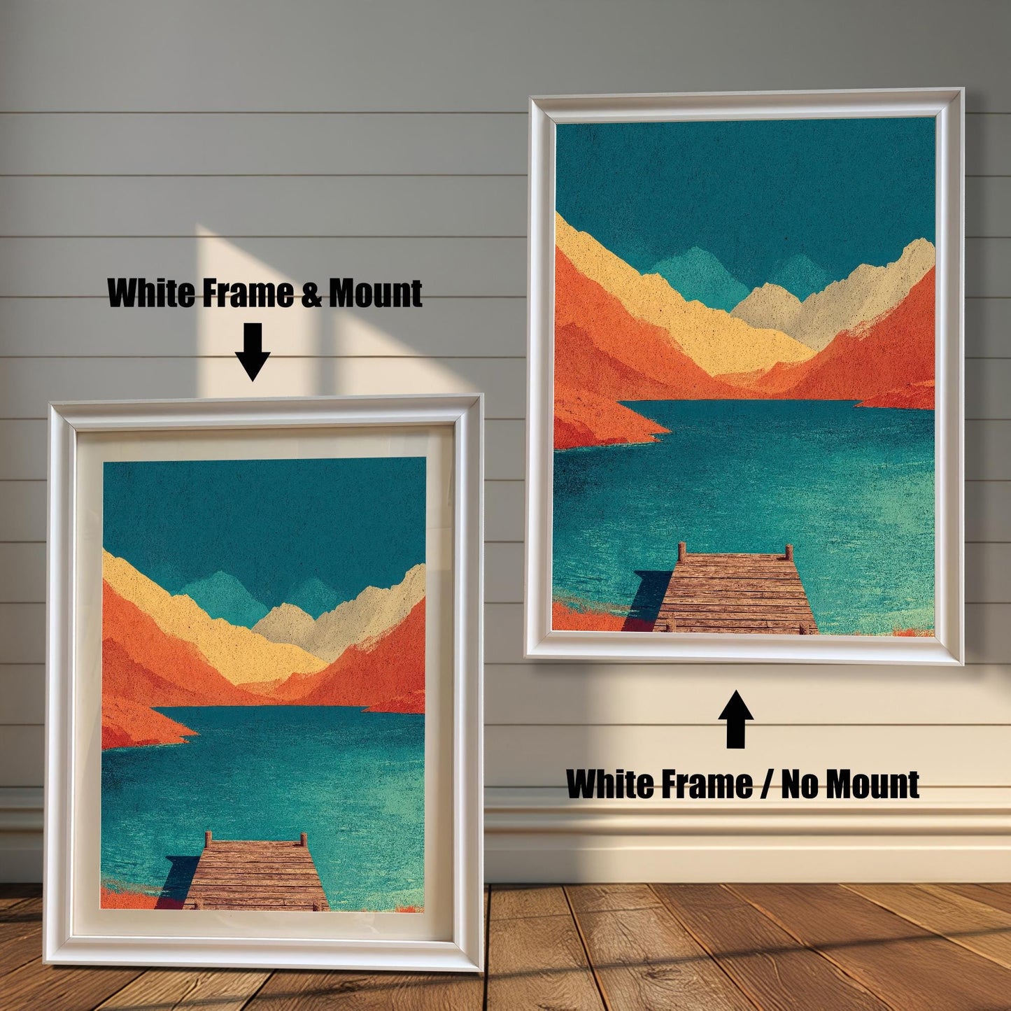 Comparison of a sleek white wood frame with an off-white mat versus a white frame without a mat, showcasing the vibrant teal and orange lake art.