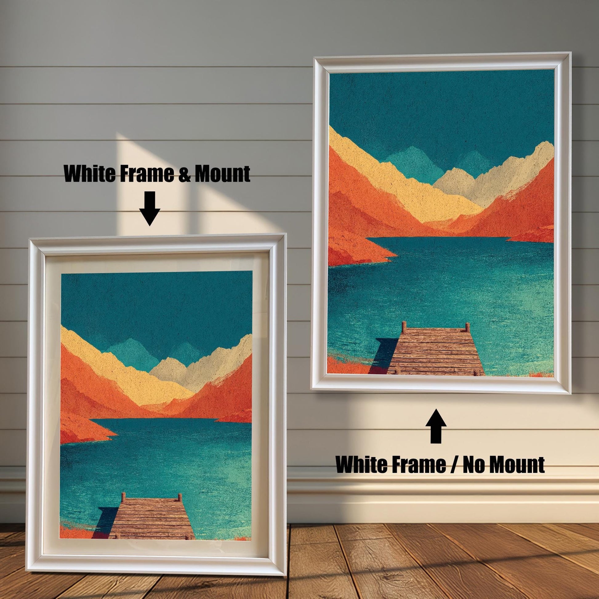 Comparison of a sleek white wood frame with an off-white mat versus a white frame without a mat, showcasing the vibrant teal and orange lake art.