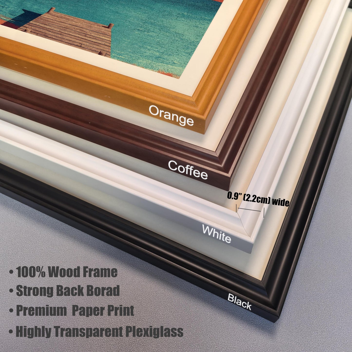 Close-up detail of four wood frame corner samples stacked: Orange, Coffee, White, and Black, showing the 0.9 inch (2.2cm) width and "100% Wood Frame" features.