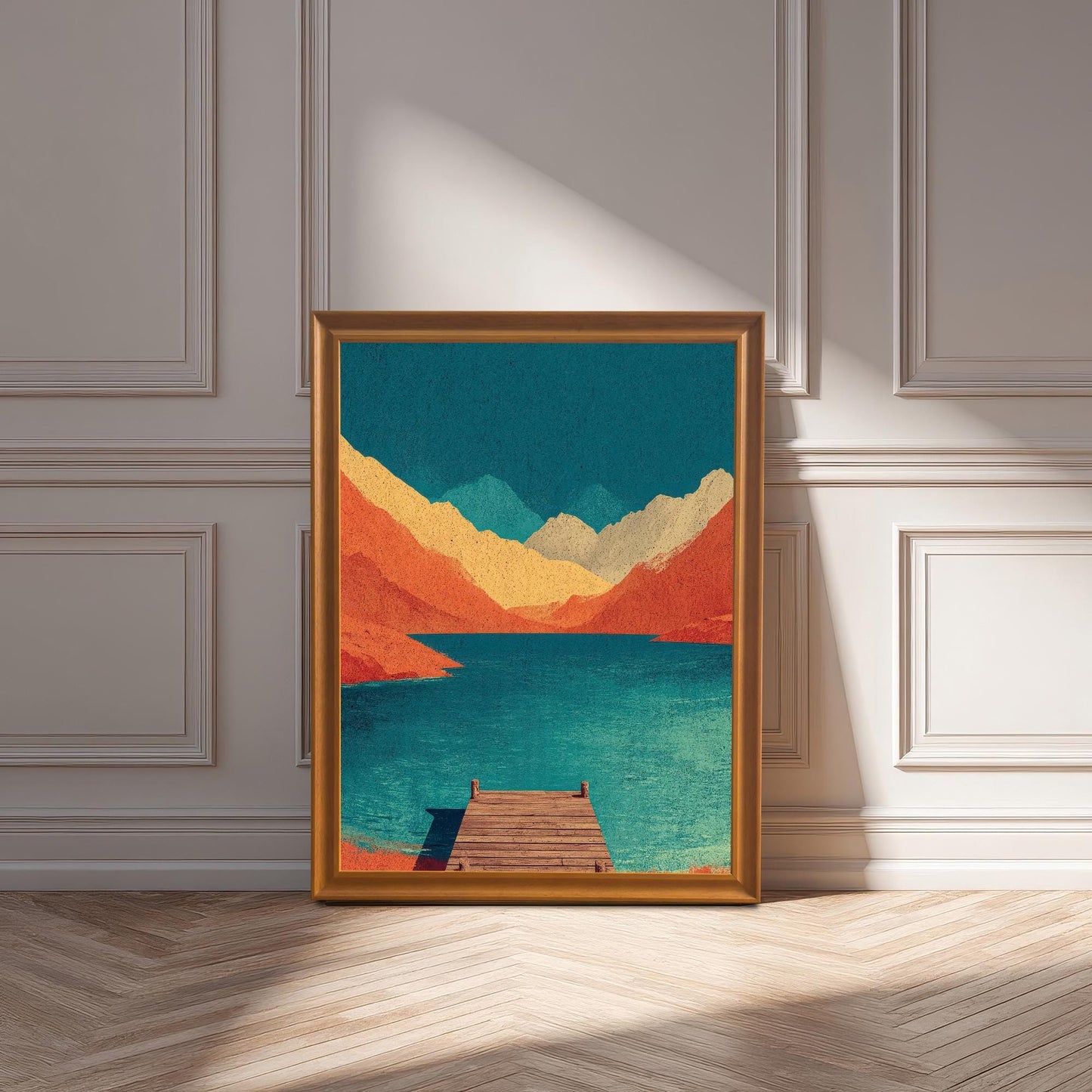 A large, unframed canvas-style or thin honey-oak wood framed mountain lake art print leaning against a white decorative wainscoted wall on a chevron-patterned light wood floor.