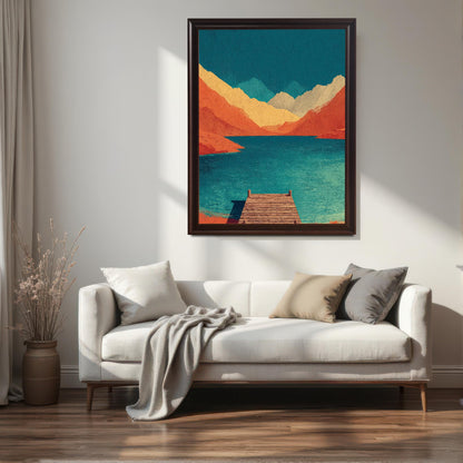 A "Coffee" dark brown wood framed art print hanging on a white wall above a modern white sofa styled with neutral throw pillows and a grey blanket in a bright living room.