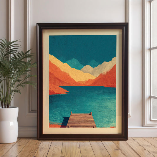 A large "Coffee" dark wood framed landscape art print leaning against a white paneled wall on a light wood floor next to a white potted plant.