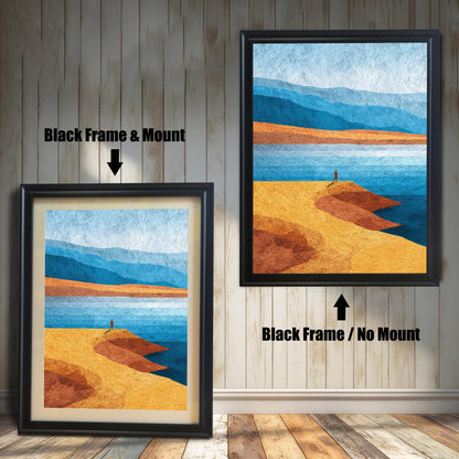 Comparison of a black wood framed art print with a cream mount versus a black frame without a mount, showcasing a blue and gold abstract coastal landscape.