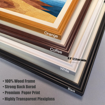 Close-up detail of the four available wood frame colors: Orange, Coffee, White, and Black, showing the 0.9-inch frame width and plexiglass layer.