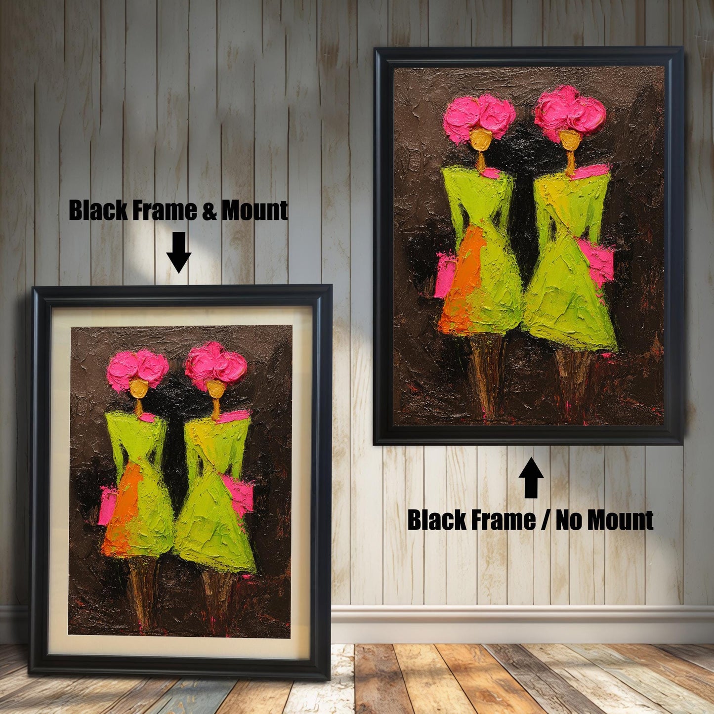 A comparison of two black wood frames; the left shows the art print with a white mount (mat), and the right shows the print full-bleed with no mount against a white wood-paneled wall.
