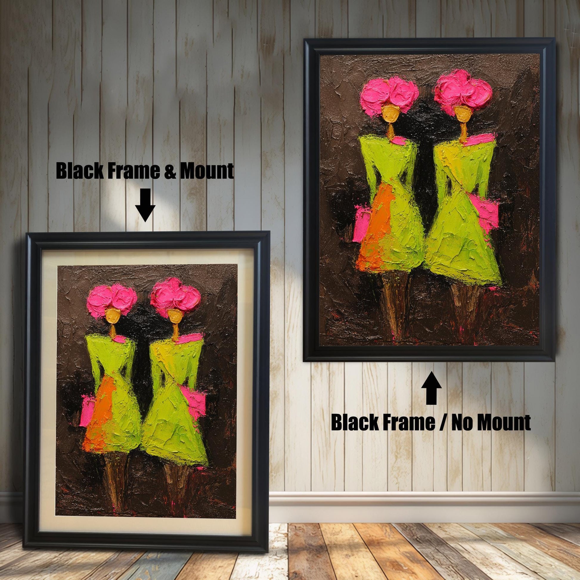 A comparison of two black wood frames; the left shows the art print with a white mount (mat), and the right shows the print full-bleed with no mount against a white wood-paneled wall.