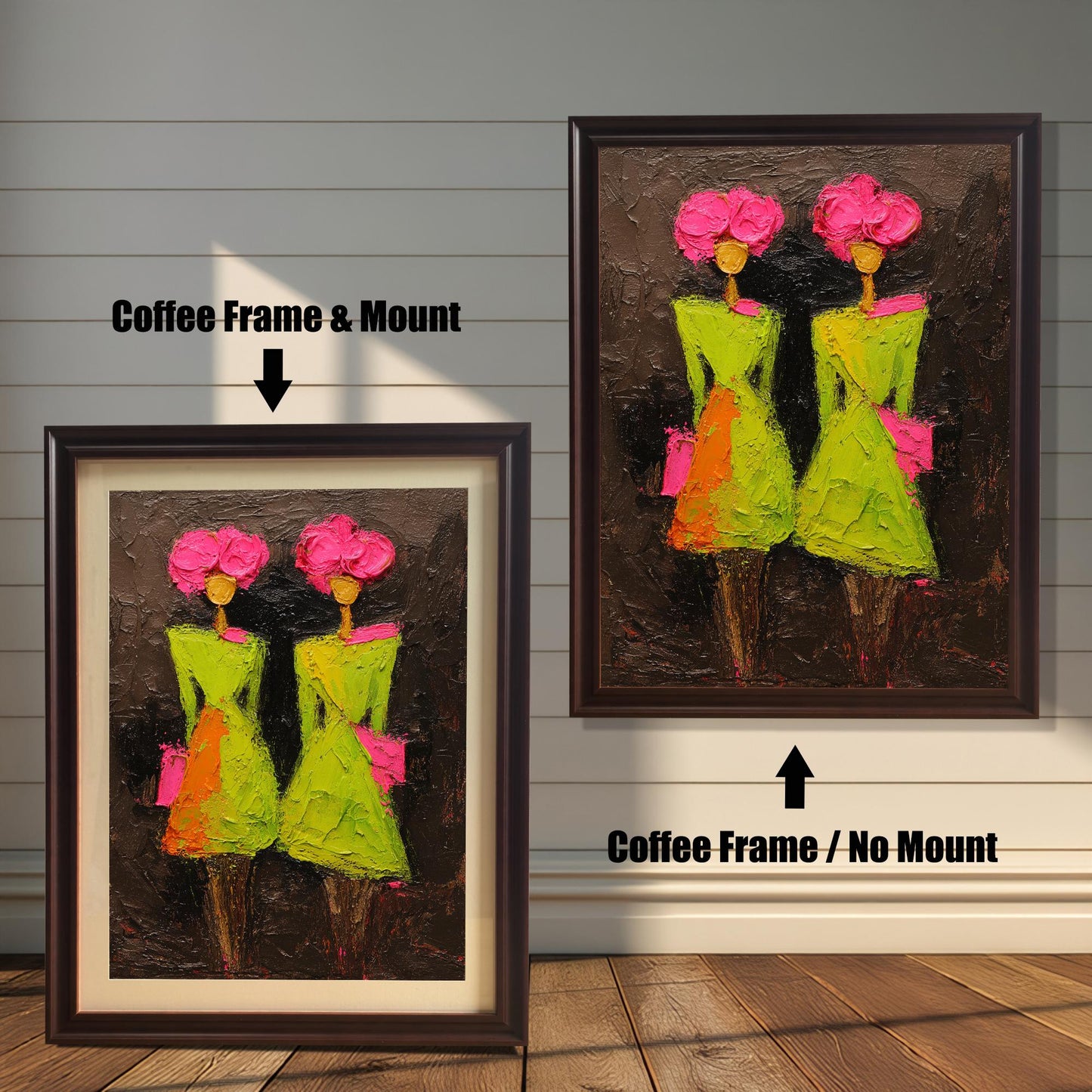 Two views of a "Coffee" dark brown wood frame; one version features a white decorative mount around the colorful abstract print, while the other features the print without a mount.