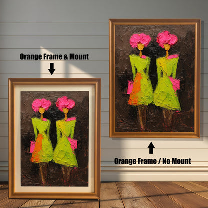 Product display showcasing the "Orange" warm wood frame option in two styles: one with an elegant white mount and one without a mount, set against a neutral shiplap wall.