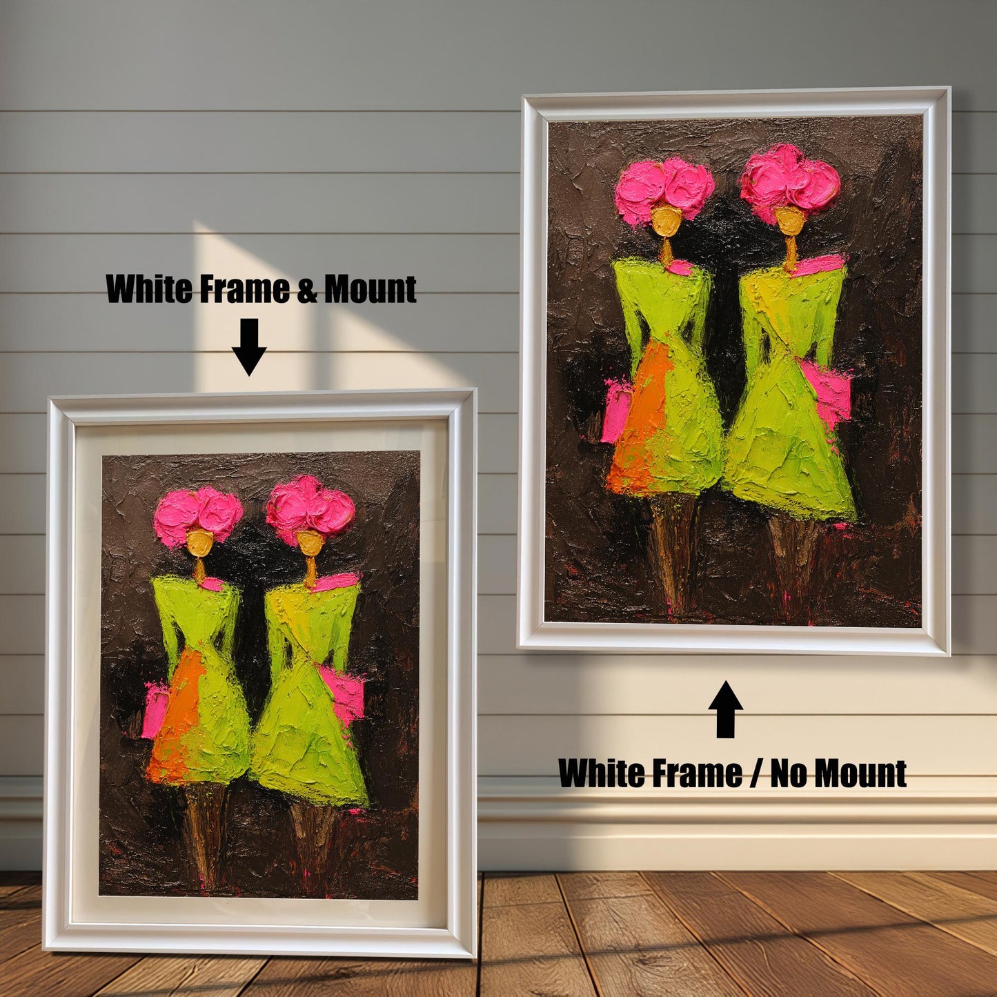 A side-by-side comparison of the "White" wood frame option, demonstrating how the artwork looks both with a white mount and as a full-frame print without a mount.