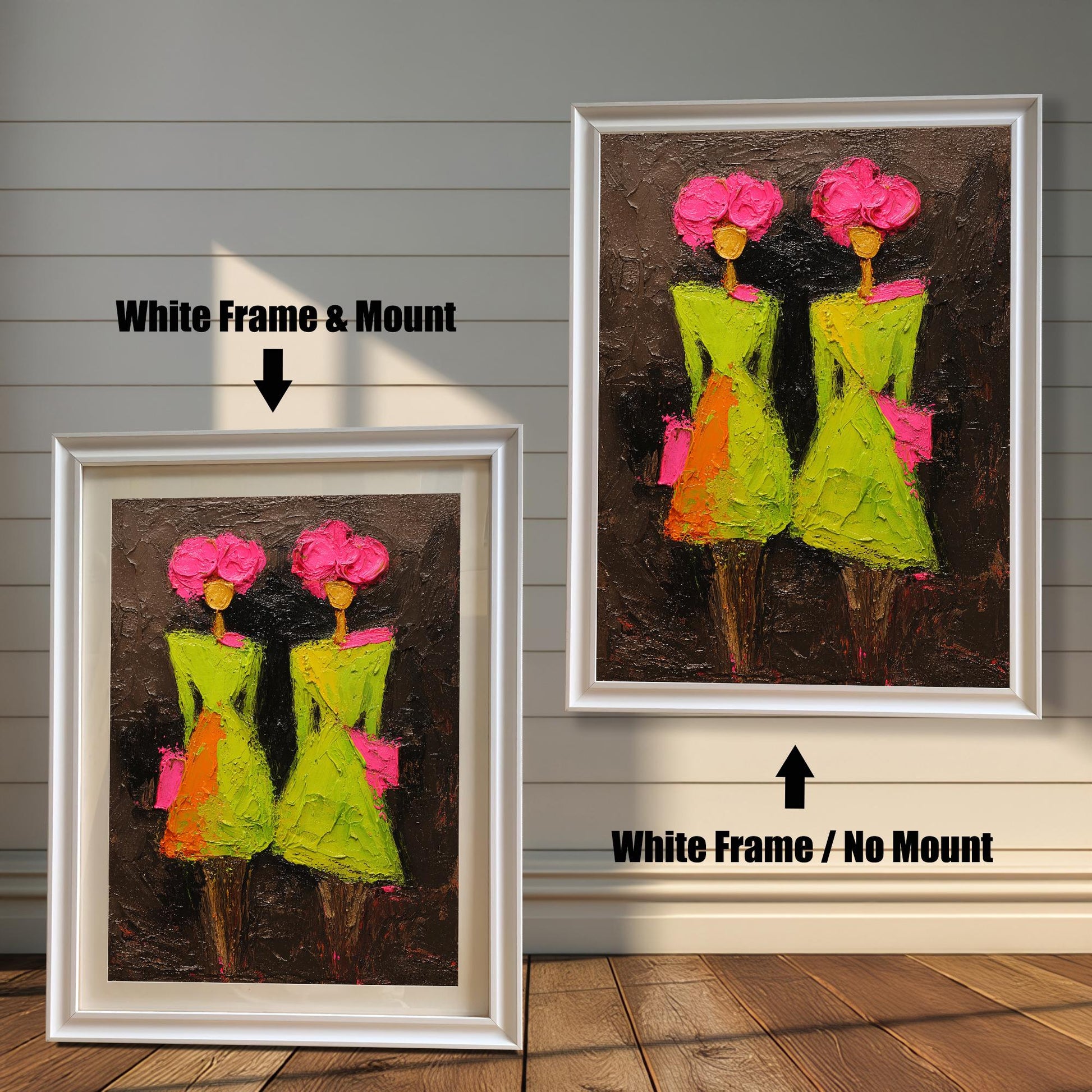 A side-by-side comparison of the "White" wood frame option, demonstrating how the artwork looks both with a white mount and as a full-frame print without a mount.