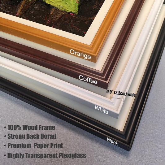A close-up detail shot of four stacked wood frame corners in Orange, Coffee, White, and Black, labeled with a "0.9 inch (2.2cm) wide" measurement and a list of material features.