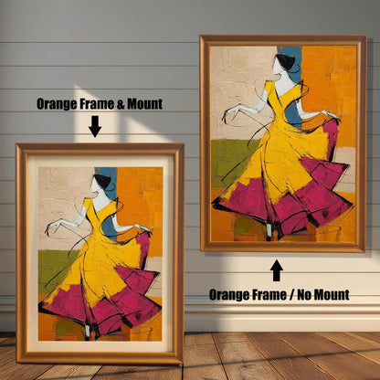 Comparison of the dancer artwork in "Orange" (warm oak-toned) wood frames. The left version includes a white mount, while the right version features the print framed edge-to-edge without a mount.