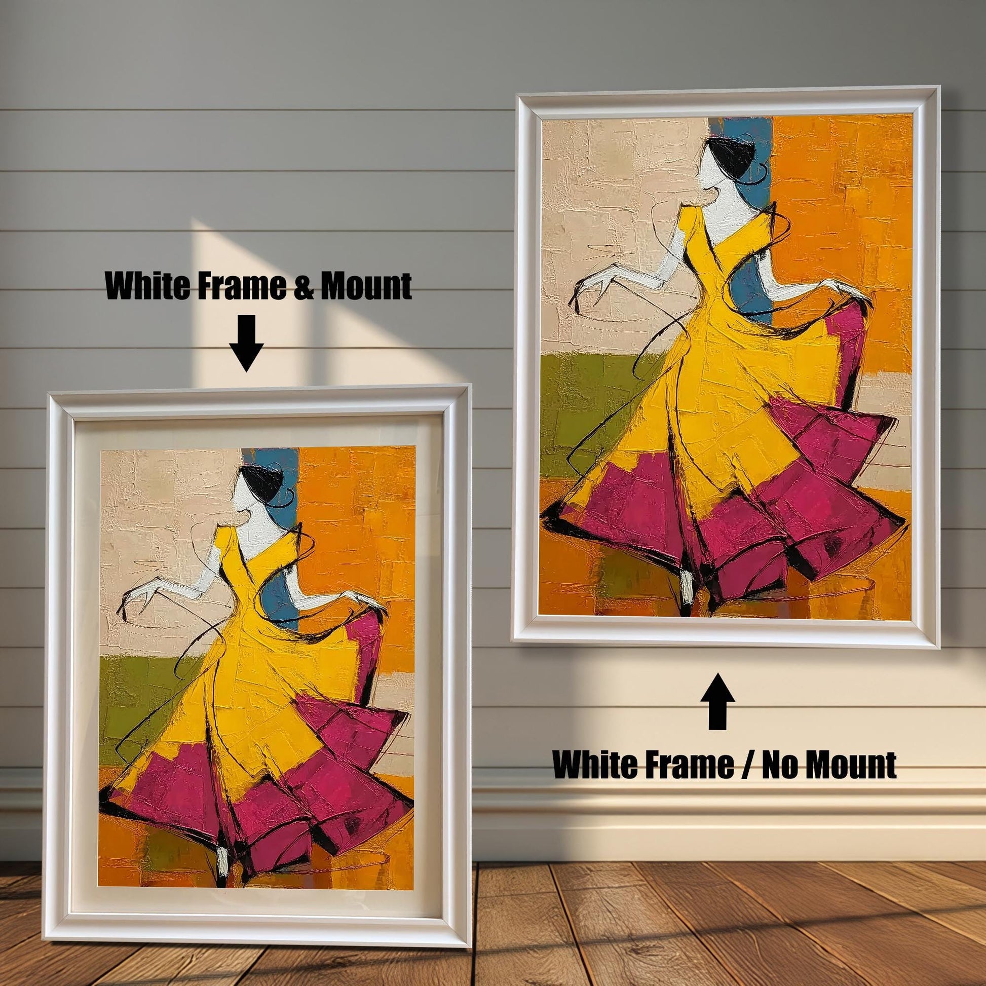 Comparison of the artwork in "White" wood frames. The left image shows the print with a white mount, and the right image shows the larger version without a mount, displayed against a white shiplap wall.