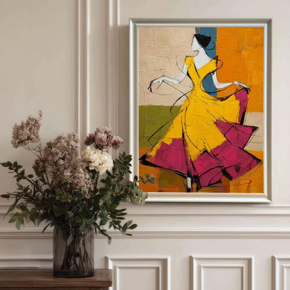 The artwork in a white frame hanging on a classic off-white wall with decorative molding. A vase with dried flowers and eucalyptus sits on a wooden console table in the foreground.