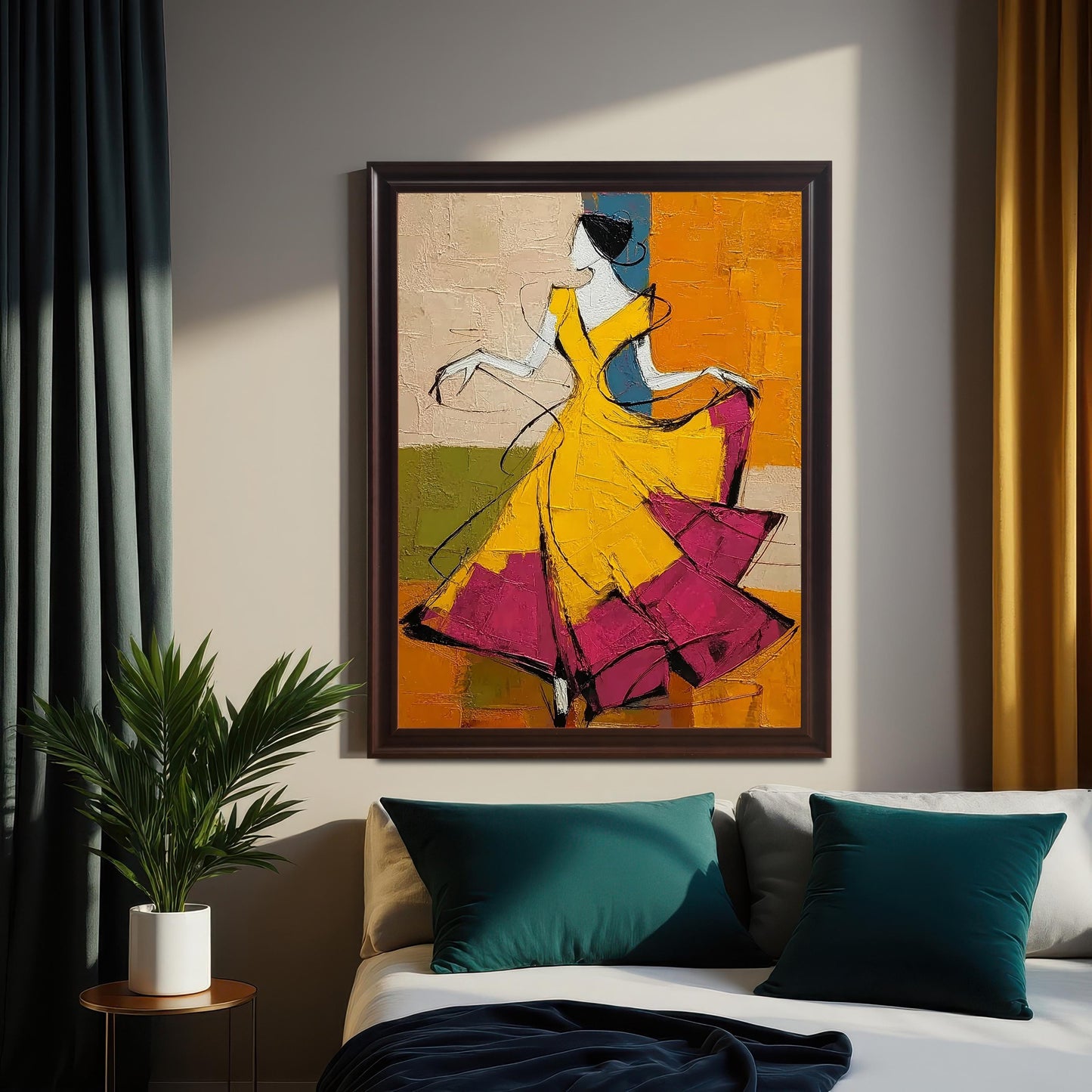 The artwork in a dark coffee wood frame mounted above a bed with teal velvet pillows and a navy blue throw. The room features elegant dark curtains and a potted palm plant on a gold side table, showcasing the art in a sophisticated bedroom setting.