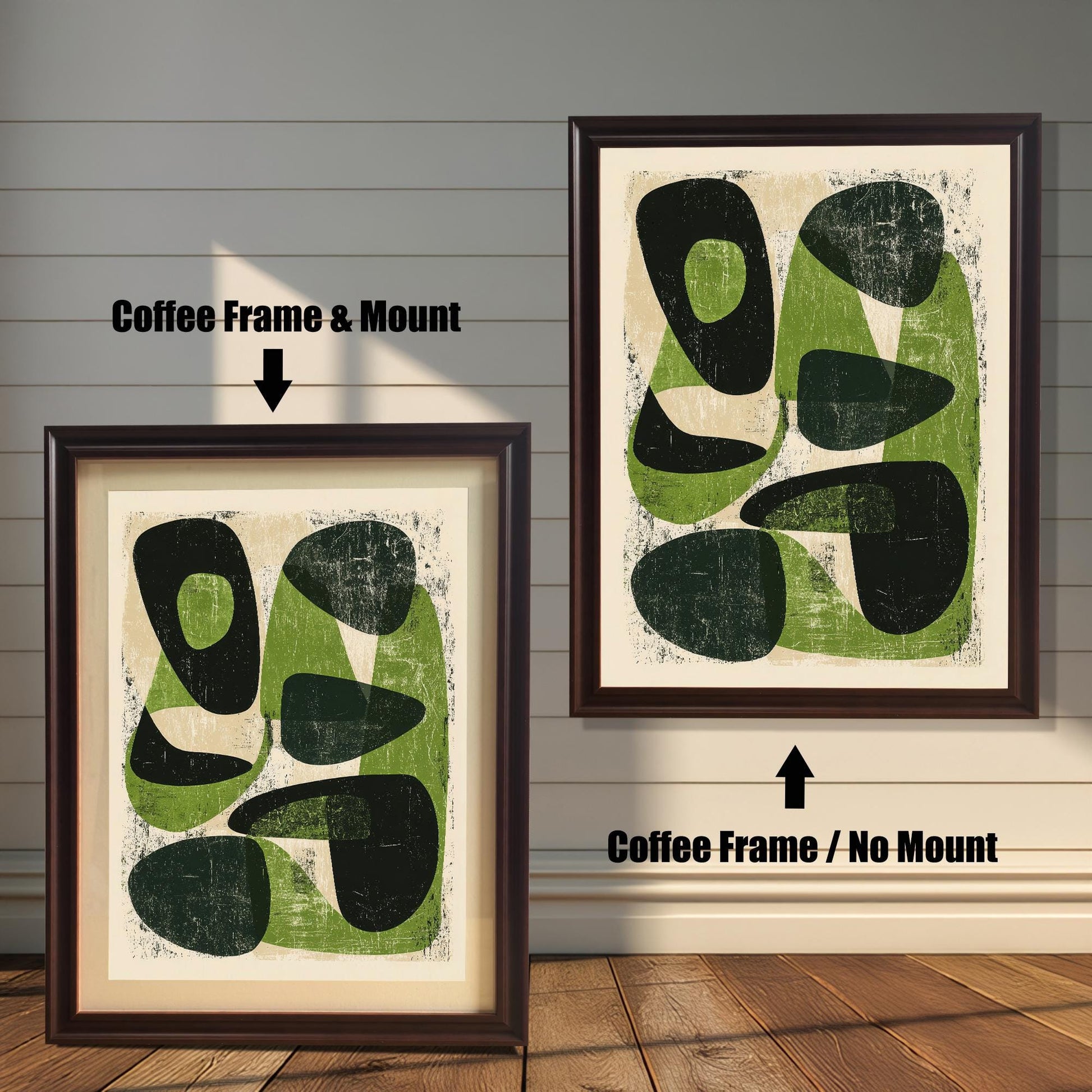 Side-by-side comparison of the abstract green and black print in a dark coffee-colored wood frame; one version includes a white mat board (mount), and the other shows the full-bleed print without a mount.