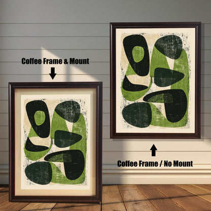 Side-by-side comparison of the abstract green and black print in a dark coffee-colored wood frame; one version includes a white mat board (mount), and the other shows the full-bleed print without a mount.