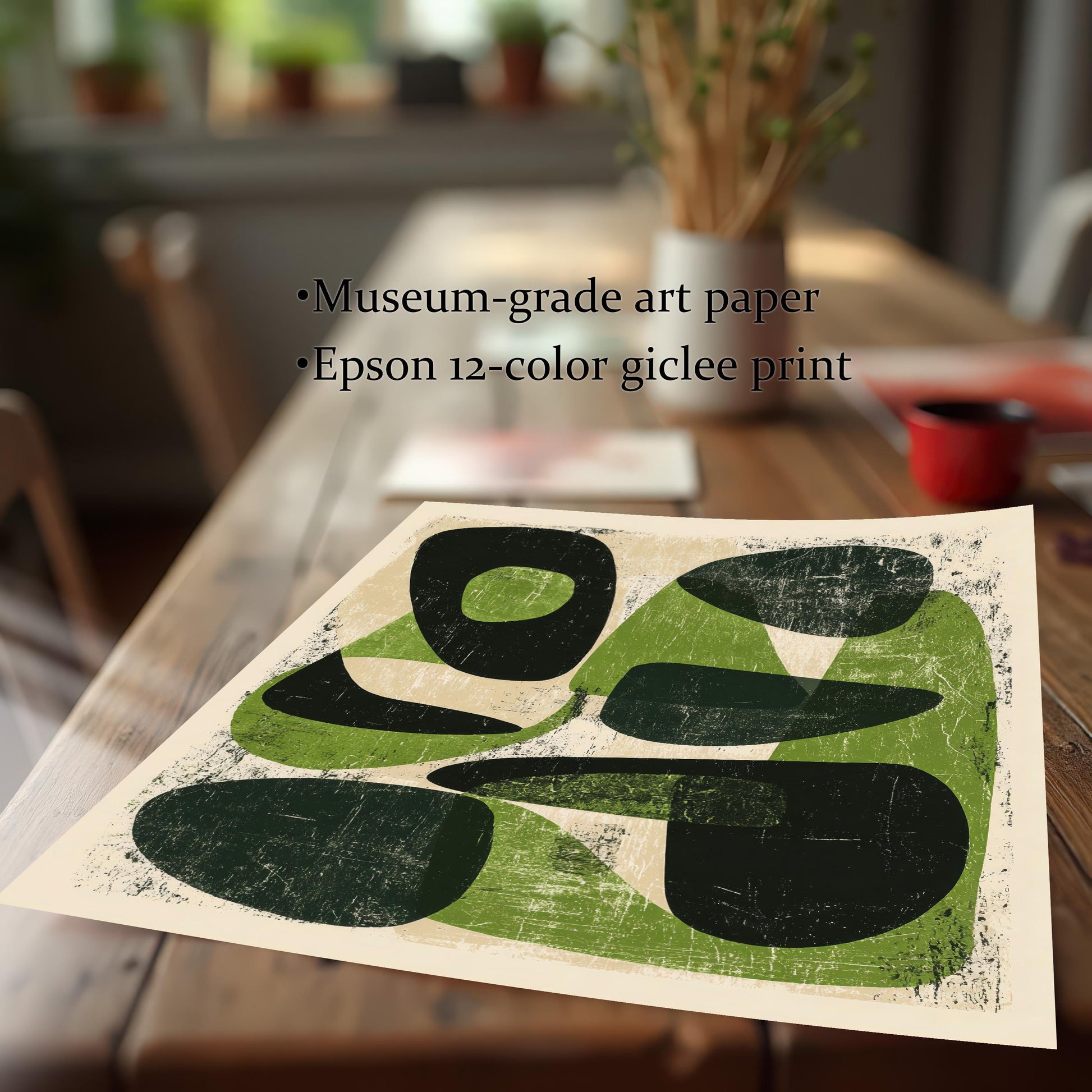 A close-up, high-angle shot of the unframed abstract print on a wooden table, highlighting the museum-grade art paper texture and high-quality 12-color giclee printing.