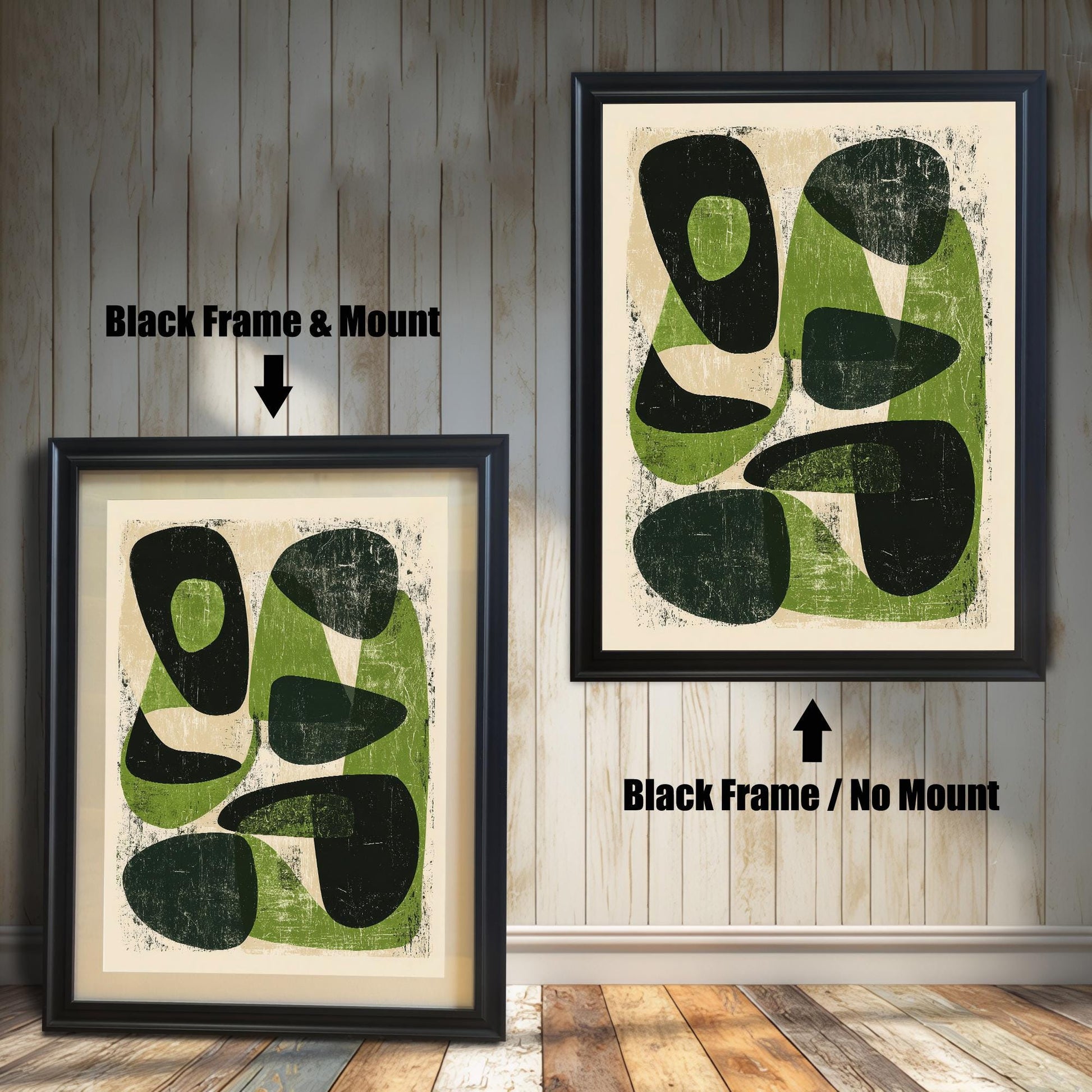 Comparison of the green and black abstract art print in a classic black wood frame; the left side displays the "Black Frame & Mount" option with a white border, while the right side shows the "Black Frame / No Mount" full-bleed version.