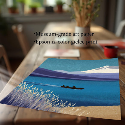 Close-up of a high-quality giclee art print on a wooden table. Text overlay reads "Museum-grade art paper" and "Epson 12-color giclee print," highlighting the texture and color depth.