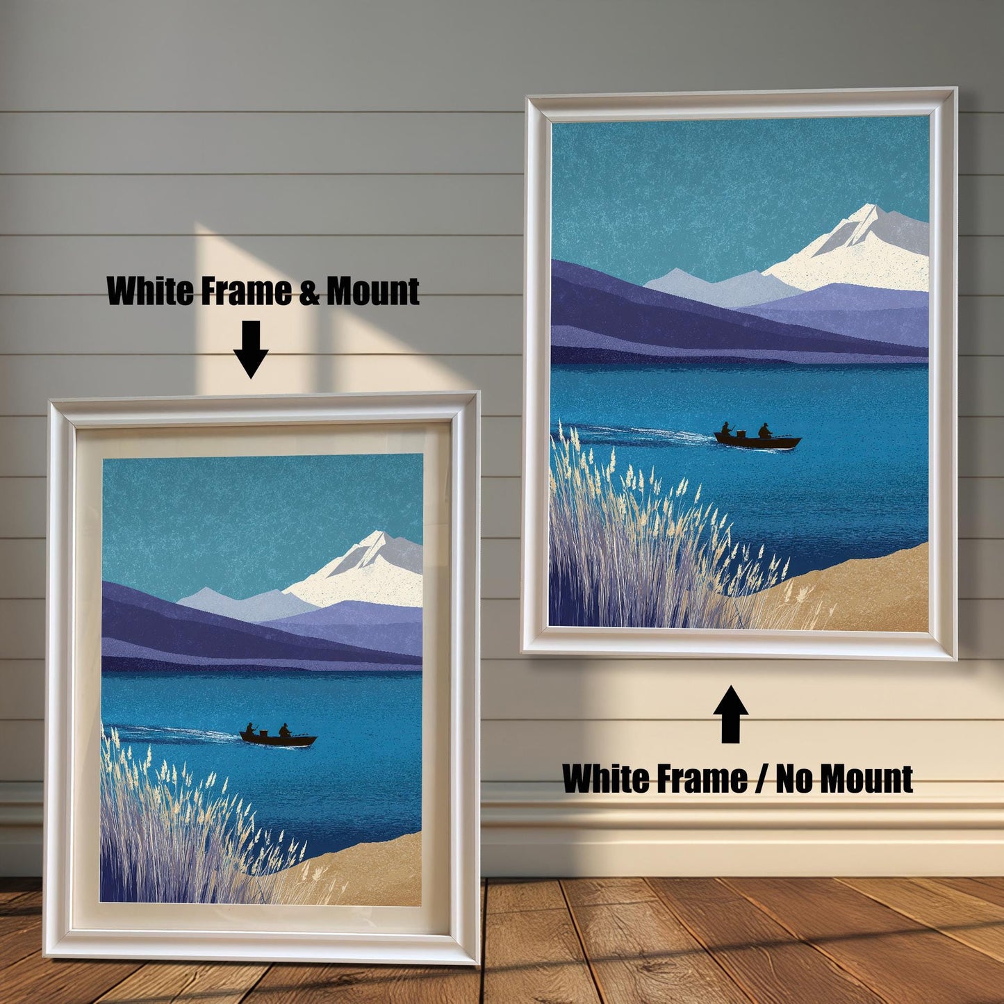 Comparison of two white wood frames against a neutral paneled wall. The left version includes a mount, while the right version is a full-bleed print without a mount. Text labels indicate "White Frame & Mount" and "White Frame / No Mount.