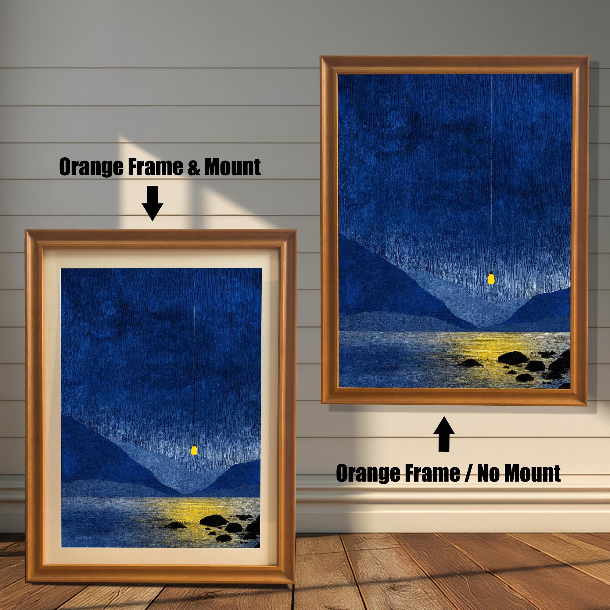 Abstract Blue Night Mountain Lake Landscape Print Wood Framed
