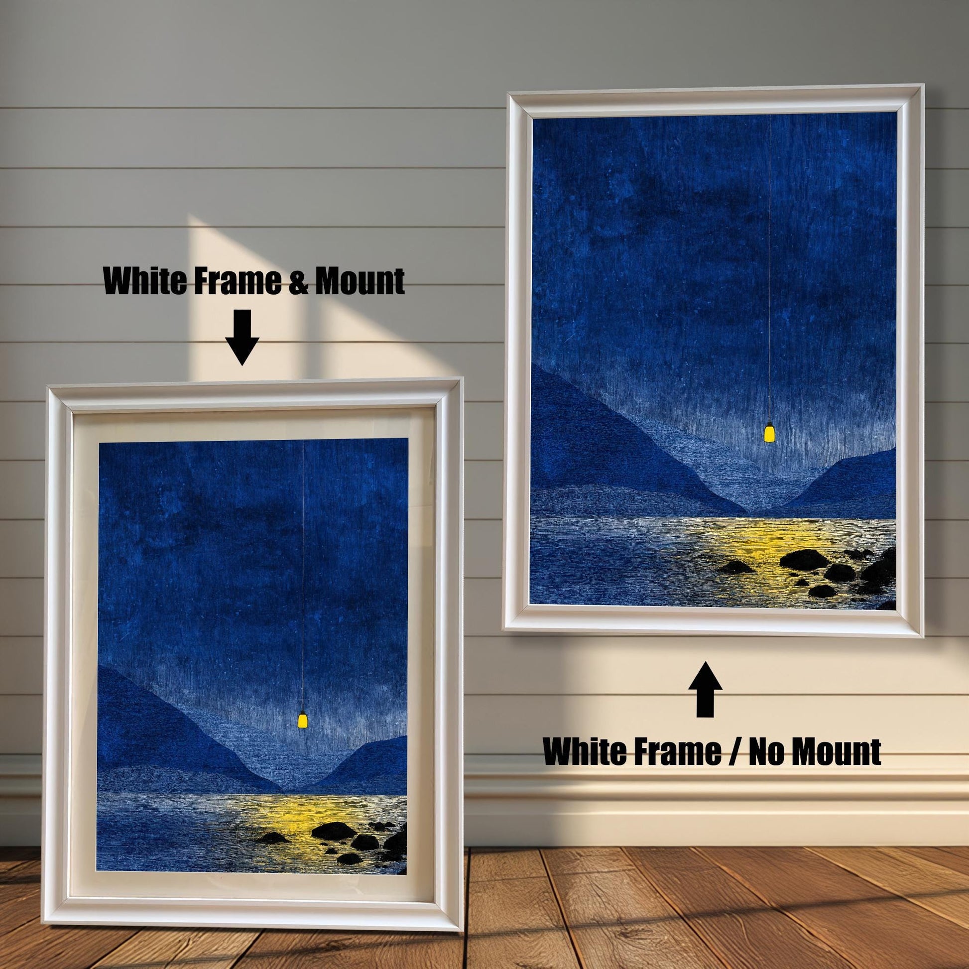 White wood frame options for a blue night landscape print, illustrating the look of a white mat mount versus a full-frame print.