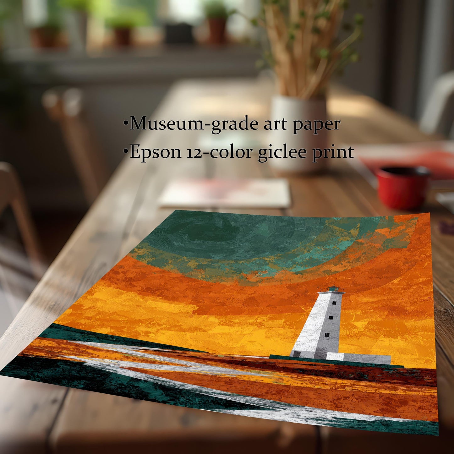 Close-up of an unframed art print on a wooden table, highlighting the "Museum-grade art paper" and "Epson 12-color giclee print" quality with vibrant orange and teal textures.