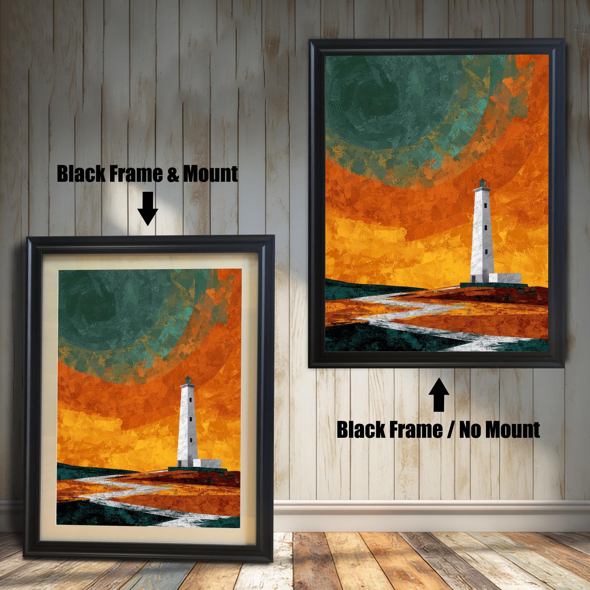 Two black-framed lighthouse art prints on a white wood-paneled wall; one shows a "Black Frame & Mount" option with a cream border, and the other shows a "Black Frame / No Mount" full-bleed print.