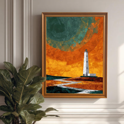 An orange-toned wood-framed lighthouse art print hanging on a classic white wall with decorative molding, positioned above a large green indoor plant.
