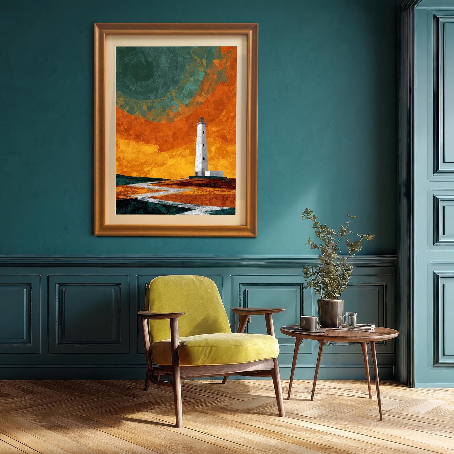 A large orange-framed lighthouse print centered on a dark teal wall above a modern yellow armchair and a small wooden side table, showcasing a sophisticated interior design.