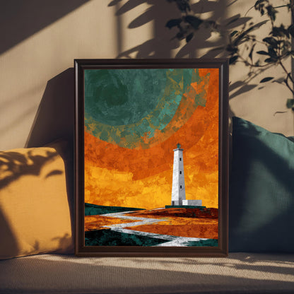A coffee-colored wood frame without a mount, showcasing the full-bleed lighthouse print, resting on a textured surface between a yellow and a dark teal cushion in soft sunlight.