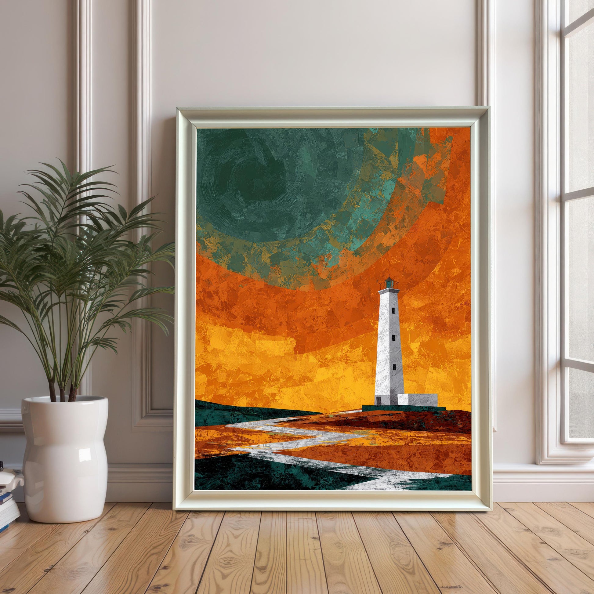 A white wood-framed lighthouse art print leaning against a white paneled wall on a light wood floor, next to a large green potted plant in a bright, airy room.