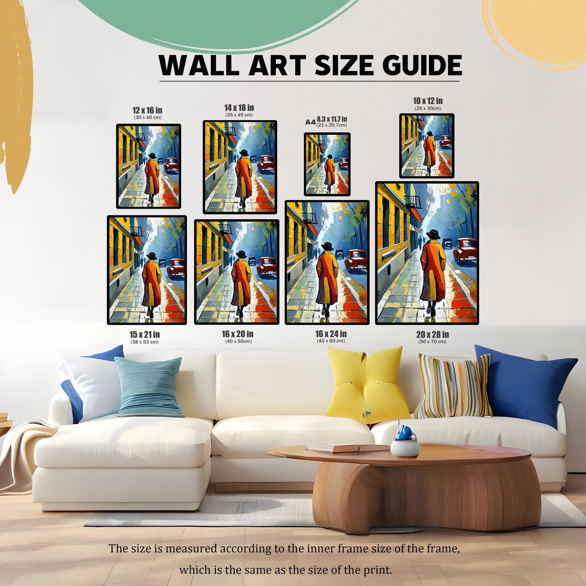 A "WALL ART SIZE GUIDE" showing various sizes of a framed print of a person walking down a city street displayed above a living room couch. The image sizes range from 8.3x11.7 inches to 20x28 inches.