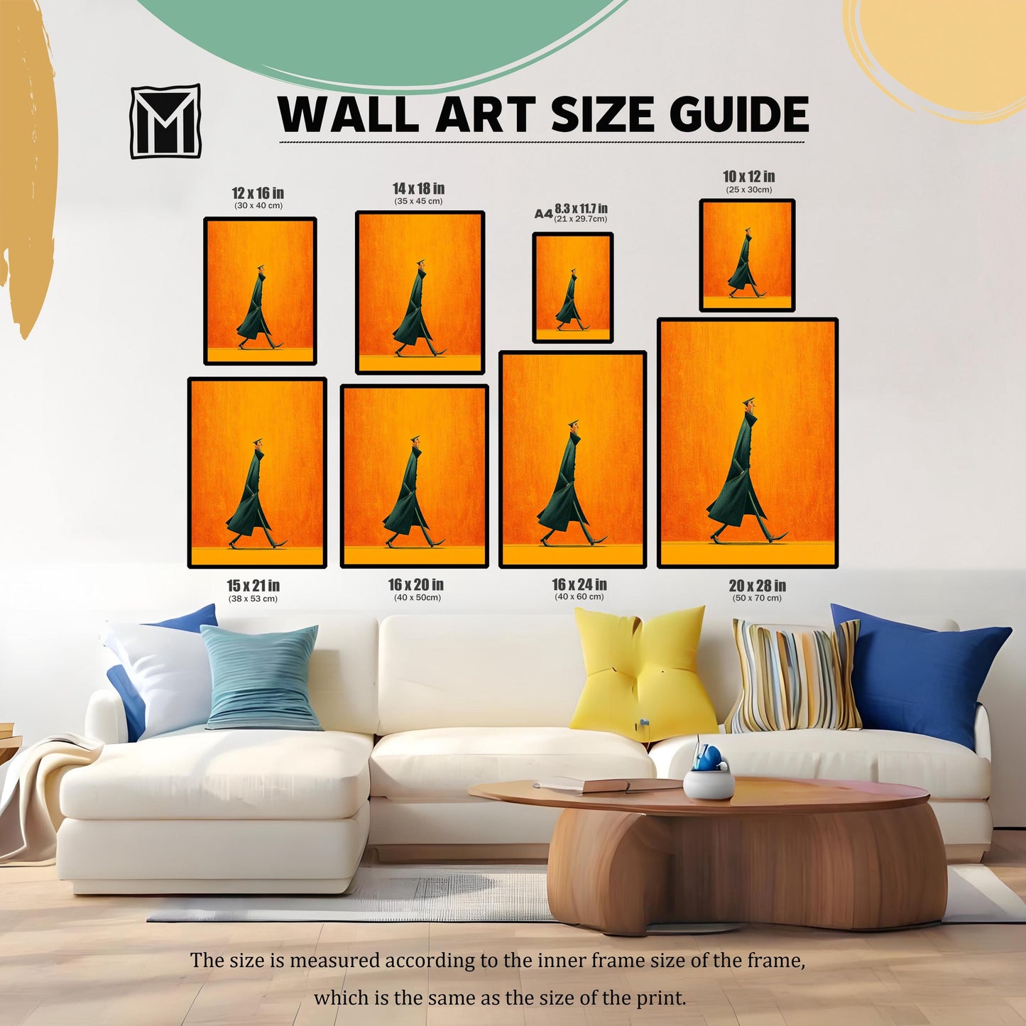 Wall Art Size Guide image showing the artwork in nine different sizes (e.g., 12x16 in, 16x24 in) above a white couch for scale reference.