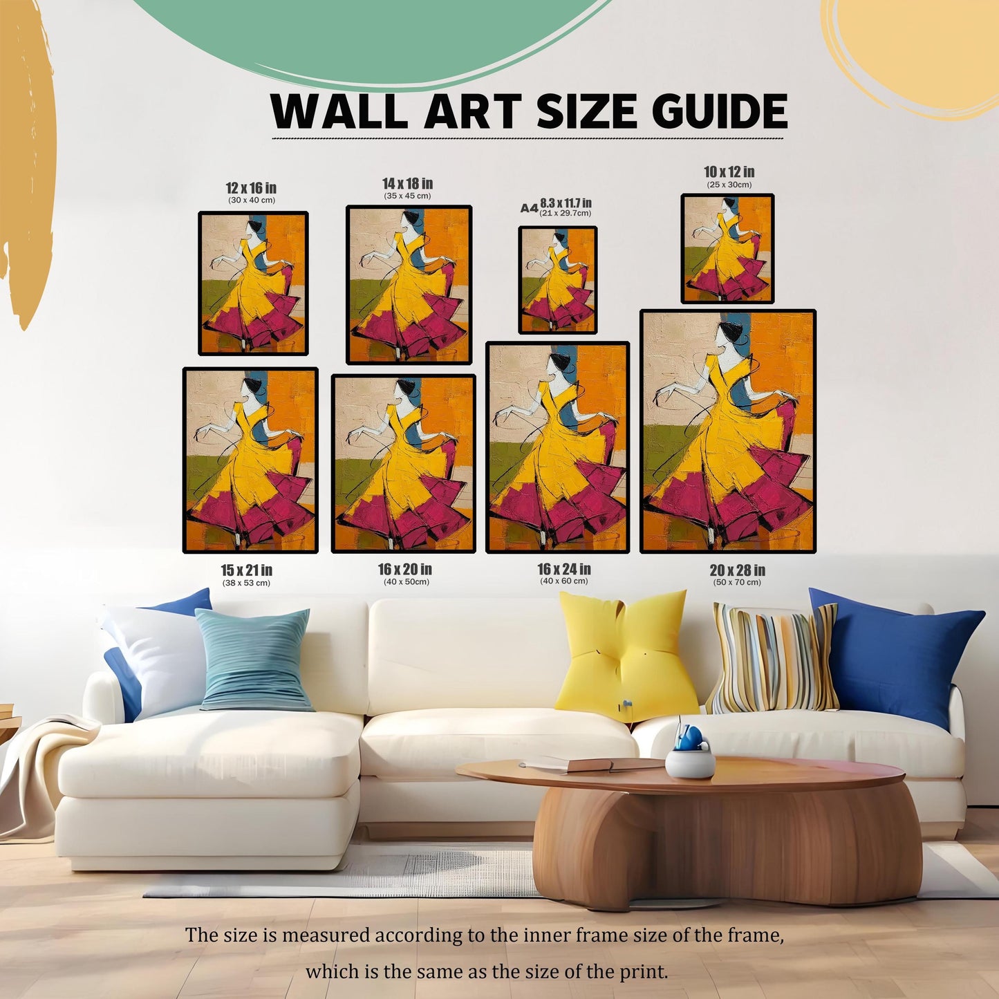 A comprehensive wall art size guide showing various dimensions (ranging from 10x12 in to 20x28 in) scaled above a modern white sectional sofa with blue and yellow pillows.