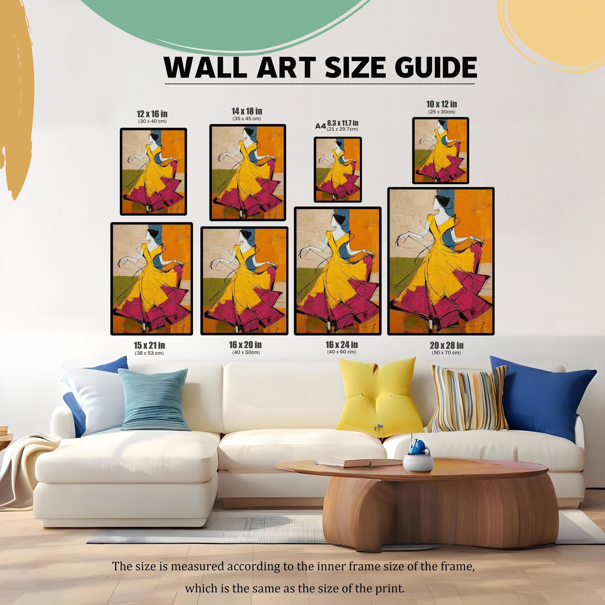 A comprehensive wall art size guide showing various dimensions (ranging from 10x12 in to 20x28 in) scaled above a modern white sectional sofa with blue and yellow pillows.
