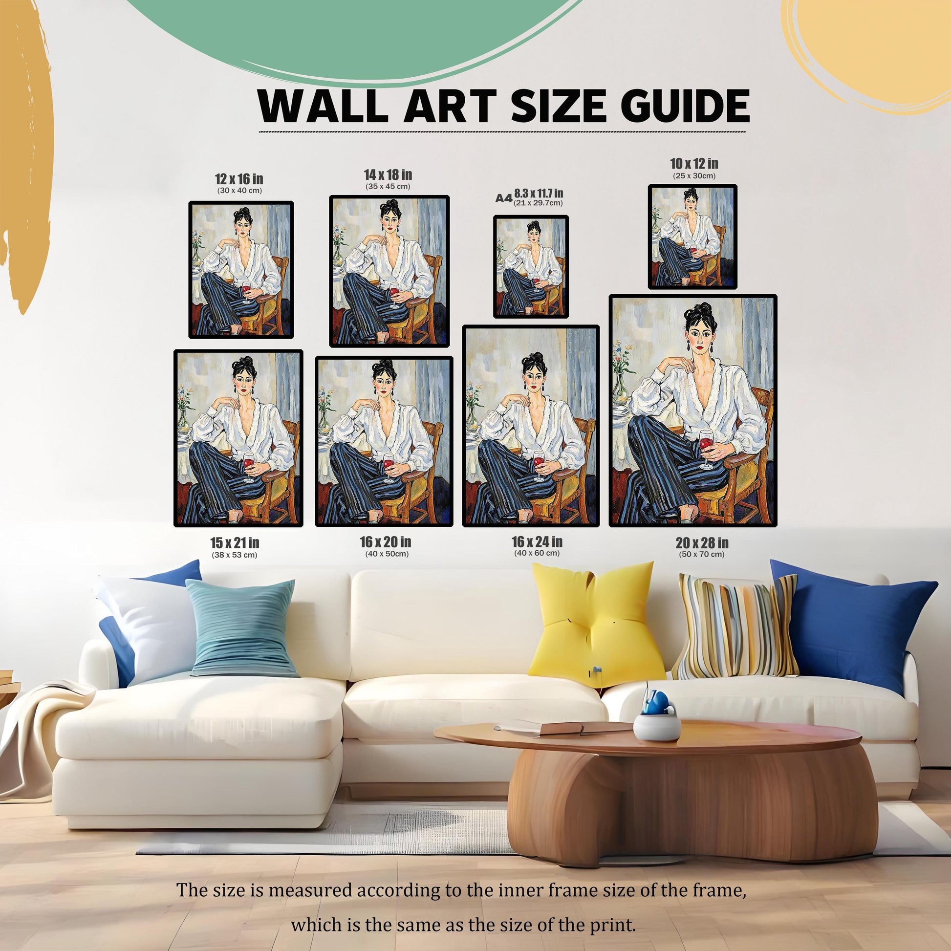 A lifestyle shot showing multiple framed art prints in different sizes arranged on a wall above a couch. Text labels various sizes, including **12 x 16 in, 16 x 20 in,** and **20 x 28 in**.