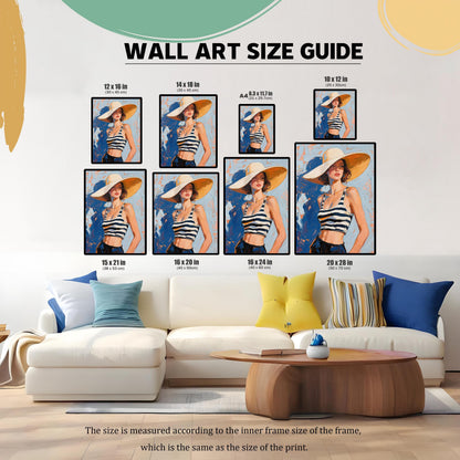 Striped Top Woman with a Straw Hat Portrait Painting Print | Wood Framed Wall Art Decor