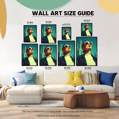 A "WALL ART SIZE GUIDE" shows multiple framed prints of a woman in various sizes above a white couch, with dimensions in both inches and centimeters.