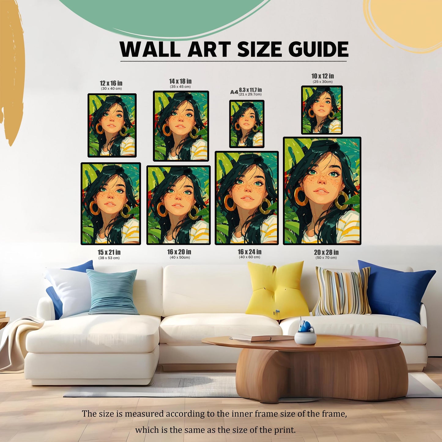 An image showing a "WALL ART SIZE GUIDE" with multiple framed prints of a woman in various sizes above a white couch, with dimensions in both inches and centimeters.