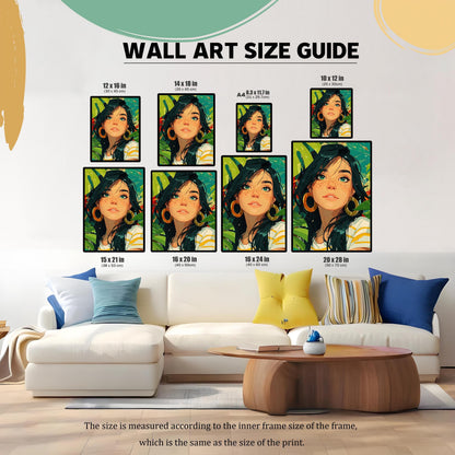 An image showing a "WALL ART SIZE GUIDE" with multiple framed prints of a woman in various sizes above a white couch, with dimensions in both inches and centimeters.