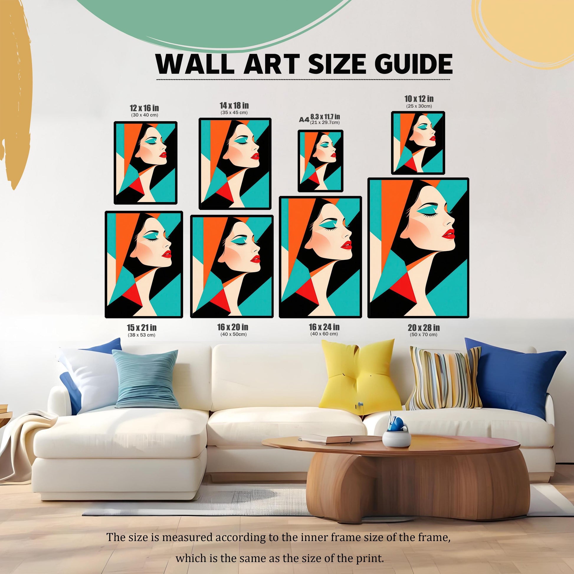 A wall art size guide showing an abstract portrait of a woman in various frame sizes, from 8.3 x 11.7 inches (A4) to 20 x 28 inches. The frames are arranged on a wall above a white couch.