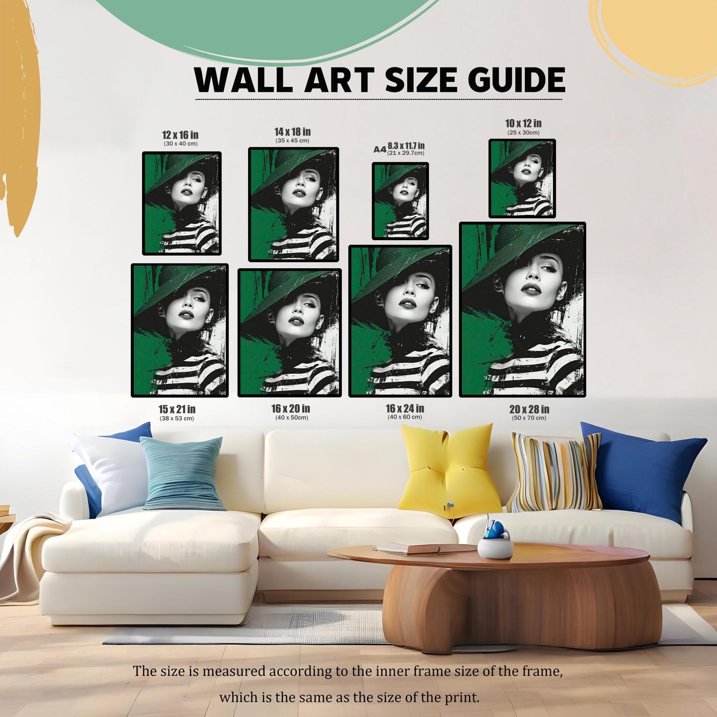 A "WALL ART SIZE GUIDE" showing various sizes of the portrait print displayed above a living room couch. The image sizes range from 8.3x11.7 inches to 20x28 inches.
